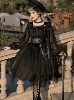 Girl Killer Series Dark Sweet Cool Irregular Halloween Crape Ruffle Bowknots Belt Chain Gothic Lolita Long Sleeves Dress -NAUS Lolita Shop 5 500x672 606