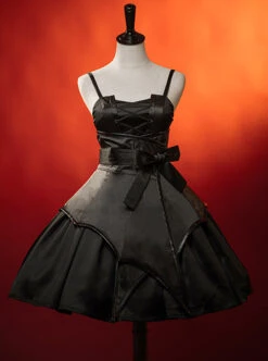 Dark Solid Gothic Halloween Style Irregular Cut At The Hem Bow Belt Decoration Lolita Witch Dress Set -NAUS Lolita Shop 5 500x672 615