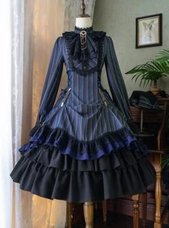 Gothic Style Elegant Retro Stand Collar Stripe Contrasting Color Slim Fit Gothic Lolita Long Sleeve Dress -NAUS Lolita Shop 5 500x672 624