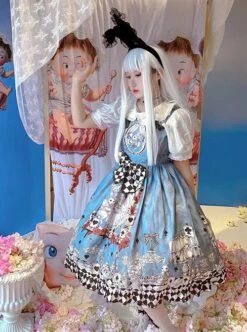 Gothic Style Alice Poker Black-White Plaid Printing Gray Blue Gothic Lolita Sleeveless Dress -NAUS Lolita Shop 5 500x672 637