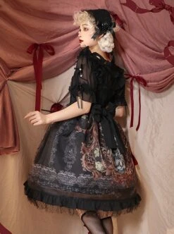 Gothic Vintage Print Grape Bow Decorative Ruffle Hem Gothic Lolita Sleeveless Dress -NAUS Lolita Shop 5 500x672 659