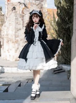 Contract Phantom Night Stone Series Gothic Girl Court Style Black White Detachable Sleeves Gothic Lolita Short-Sleeved Dress -NAUS Lolita Shop 5 500x672 663