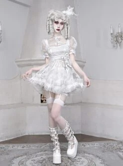 Gothic White Chiffon Puff Sleeve Thorn Jacquard Asymmetrical Hem Design Gothic Lolita Short Sleeve Dress -NAUS Lolita Shop 5 500x672 667