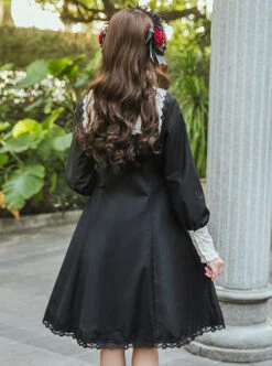 Little Stand Collar Concise Gothic Lolita Long Sleeve Dress -NAUS Lolita Shop 5 500x672 669