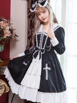 Black And White Bowknot Lace Crucifix Gothic Lolita Lapel Long Sleeve Dress -NAUS Lolita Shop 5 500x672 672