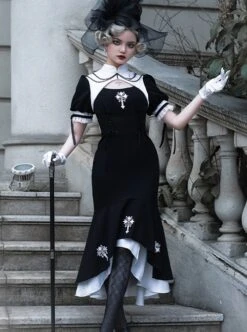 Undead Prayer Series Nun Style Black-White Cross Embroidered Fishtail Skirt Lace Cover Skirt Gothic Lolita Short-Sleeved Dress -NAUS Lolita Shop 5 500x672 675