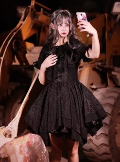 Undead Serenade Series Black Irregular Hem Design Detachable Short Shawl Gothic Lolita Sleeveless Dress