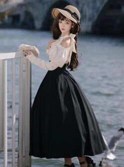 Roman Holiday Series Elegant High Waisted A Line Halter Neck Bare Shoulders Solid Black White Classic Lolita Puff Sleeves Dress -NAUS Lolita Shop 5 500x672 69