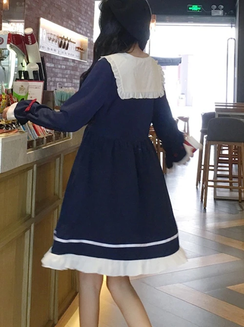 Blue Long Sleeves Bow Chiffon School Lolita Dress 5 Blue Long Sleeves Bow Chiffon School Lolita Dress - Image 5