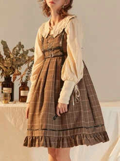 Little Detective Series JSK School Lolita Brown Plaid Sling Dress And Cloak -NAUS Lolita Shop 5 500x672 709