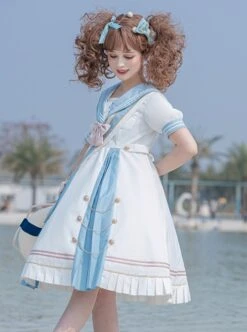 Navy Style Stripe Navy Collar Bow-Knot Detachable School Lolita Short Sleeve Dress -NAUS Lolita Shop 5 500x672 710