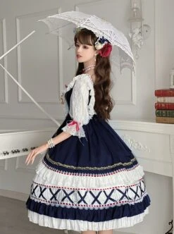 Gorgeous Lace Bow-Knot Ribbons Decorate Paneled Multi-Layer Hem Classic Lolita Short Sleeve Dress -NAUS Lolita Shop 5 500x672 73