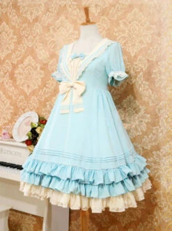 Navy Blue Bowknot Sweet Lolita Short Sleeve Dress -NAUS Lolita Shop 5 500x672 822