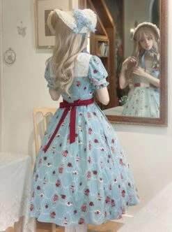 Rose Garden Series Blue Tea Party Rose Print Square Collar Spliced Contrast Color Lace Classic Lolita Puff Sleeves Dress -NAUS Lolita Shop 5 500x672 83