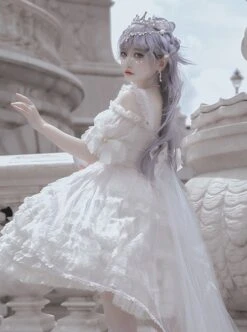 Pure White Elegant Multi-Layer Gorgeous Hem Classic Lolita Bowknot Decoration Short-Sleeved Dress -NAUS Lolita Shop 5 500x672 92