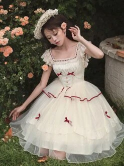 Symphonic Poetry Series Small Flying Sleeves Square Neck Waist Neck Ribbon Bowknot Decorated Mesh Ruffles Sweet Lolita Dress -NAUS Lolita Shop 5 500x672 938