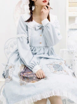 The Gallery Series OP Printing Classic Lolita Light Blue Long Sleeve Dress -NAUS Lolita Shop 5 500x672 94