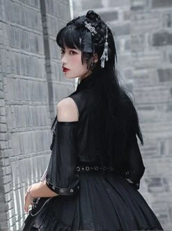 Chinese Style Black Stand-Up Collar Off-The-Shoulder Mid-Sleeve Embroidered Short Coat Metal Decorate Hem Punk Lolita Sleeveless Dress Suit -NAUS Lolita Shop 5 500x672 991