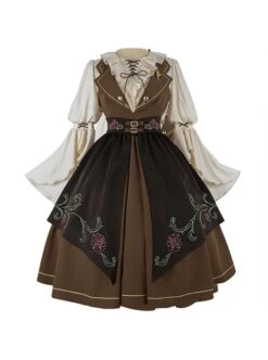 Brown Elegant Lace-Up Ruffle Neck Rose Brooch Rose Embroidered Girdle Lantern Sleeve Punk Lolita Dress -NAUS Lolita Shop 5 500x672 993
