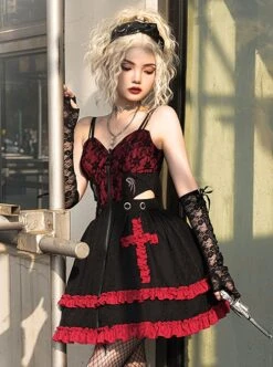 Judgment Day Series JSK Dark Punk Lolita Black Red Lace Jacquard Embroidery Waist Cutout Crucifix Fold Metal Buckle Decoration Zipper Sling Dress -NAUS Lolita Shop 5 500x672 998