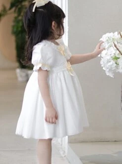 Summer Princess Cute Daily Round Neck Yellow Bow Decoration Lace Embroidery Sweet Lolita Puff Sleeve Kids Dress -NAUS Lolita Shop 6 500x672 1009