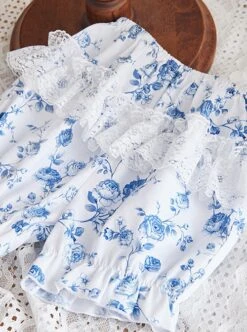 Blue Rose Flower Print Decoration Pleated Lace Jacquard Bow Hem White Doll Neckline Classic Lolita Kid Dress -NAUS Lolita Shop 6 500x672 1012