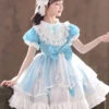 Ruffle Round Collar Bowknot Children Sweet Lolita Puff Sleeve Short Sleeve Dress