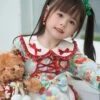 Spring Autumn Doll Collar Christmas Little Bear Print Bowknot Small Colored Ball Apron Sweet Lolita Kids Long-Sleeved Dress