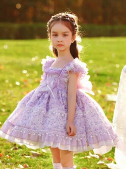 Classic Lolita Pleated Lace Bow Knot White Jacquard Lace Trim Purple Floral Kid Dress -NAUS Lolita Shop 6 500x672 1021