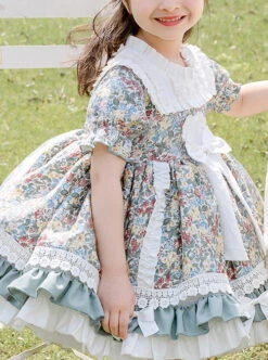 Green Small Floral Printing White Bowknot Kids Classic Lolita Short Sleeve Dress -NAUS Lolita Shop 6 500x672 1023
