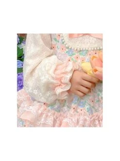 Cute Pink Floral Print Ruched Lace Ruffle Trim Pearl Bow Classic Lolita Long Sleeve Kid Dress -NAUS Lolita Shop 6 500x672 1030