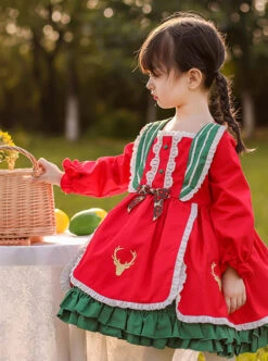 Winter Red And Green Christmas Style Bowknot Children Sweet Lolita Kids Thicken Red Long Sleeve Dress -NAUS Lolita Shop 6 500x672 1034