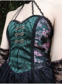 Lust Snake Series Jacquard Black Lace Halter Improve Cheongsam Gothic Sexy Blackish Green Drawstring Small A-line Hem Dress -NAUS Lolita Shop 6 500x672 1052