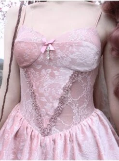 Cherry Nightmare Series Pink Velvet Jacquard Embroidery Metal Cross Design Double-Layer Pleated Lace Gothic Sexy Sling Dress -NAUS Lolita Shop 6 500x672 1057