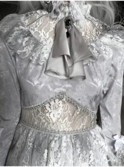Rose Funeral Series White Gothic Dirty Dyed Halloween Belly Hollowed Out Medieval Gray Long Sleeve Dress -NAUS Lolita Shop 6 500x672 1058