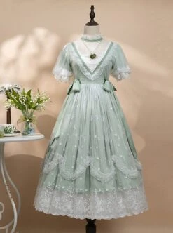 Delicate Lace Jacquard Embroidery Crinkled Mesh Fabric Sexy Deep V Neckline Design Ribbon Bow Decoration Classic Lolita Dress -NAUS Lolita Shop 6 500x672 106