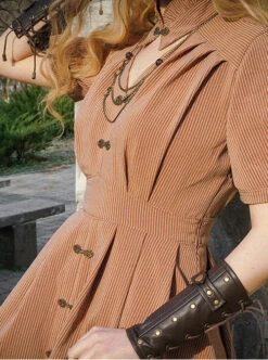 Vintage Mid-Century Coral Striped Gothic High Waist V-Neck Puff Short Sleeve Long Dress -NAUS Lolita Shop 6 500x672 1064