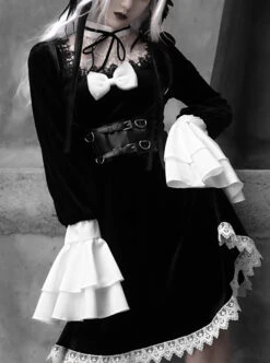 White Lace Black Velour Gothic Long Sleeve Lantern Sleeve Bowknot Dress -NAUS Lolita Shop 6 500x672 1067
