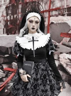 Halloween Gothic Turtleneck Lace Design Velvet Jacquard Large Crucifix Decorative Pumpkin Skirt Hem Long Sleeve Dress -NAUS Lolita Shop 6 500x672 1070