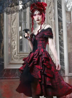 Hades Banquet Series Reddish Black Jacquard Lace Layered Pleated Hem Gothic Off-The-Shoulder Design Brooch Decoration Dress -NAUS Lolita Shop 6 500x672 1074