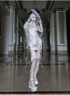 Rose Funeral Series White Gothic Dirty Dyed Heavy Workmanship Lace Hollow Gray Bottoming Sling Dress -NAUS Lolita Shop 6 500x672 1081