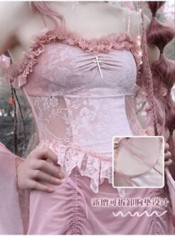 Cherry Nightmare Series Velvet Embossed Fabric Lace Frills Drawstring Design Stretch Flared Sleeves Sexy Gothic Pink Sling Dress -NAUS Lolita Shop 6 500x672 1082