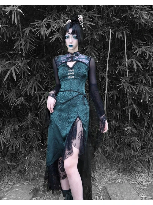 Lust Snake Series Improved Cheongsam Stand Collar Green Duckweed Jacquard Black Lace Gothic Split Dress 7 Lust Snake Series Improved Cheongsam Stand Collar Green Duckweed Jacquard Black Lace Gothic Split Dress - Image 7
