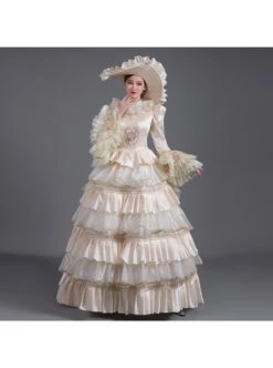 Champagne Classical Style Long Sleeve Multilayer Delicate Lace Collar And Hem Court Prom Lolita Dress -NAUS Lolita Shop 6 500x672 112