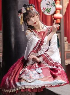 Chinese Style Daily Hollow Out Trumpet Sleeve Printed Lace Ruffle Hem Classic Lolita Long-Sleeved Dress -NAUS Lolita Shop 6 500x672 115