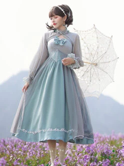 Gray Blue Chiffon Elegant JSK Classic Lolita High Waist Long Style Dress -NAUS Lolita Shop 6 500x672 126