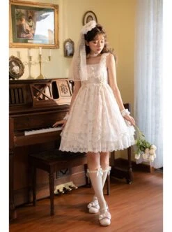 Floating Moon Dark Night Series JSK Floating Moon Apricot Organza Classic Lolita Sling Dress -NAUS Lolita Shop 6 500x672 135