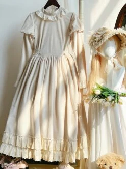 Sweet Tea Series Apricot Large Skirt Extended Hem Inside Round Neckline Ruffled Puff Long Straight Sleeves Classic Lolita Dress -NAUS Lolita Shop 6 500x672 138