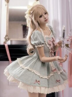Heartbeat Love Song Series Doll Sense Heart Shape Ruffle Ribbon Bowknot Sweet Lolita Puff Sleeve Dress