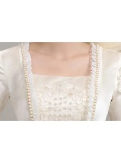 Light Champagne Square Collar Mid-length Trumpet Sleeve Lace Pearls Bow Decoration Simple Elegant Retro Court Style Lolita Prom Dress -NAUS Lolita Shop 6 500x672 188